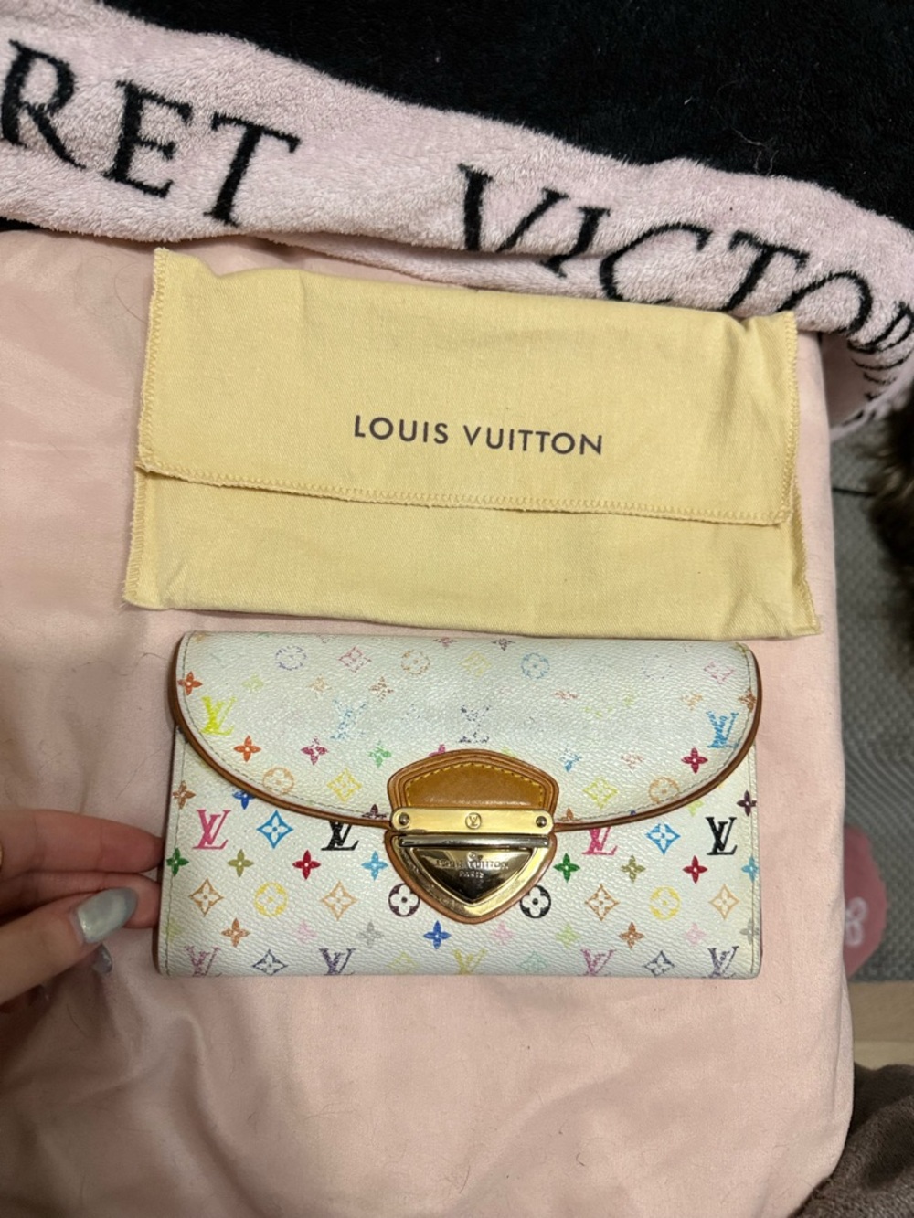 Louis Vuitton Eugenie White Multicolor Monogram Canvas Wallet with Tan Trim - Picture 2 of 11